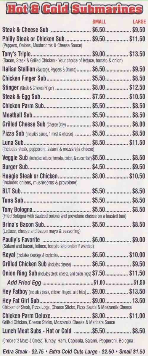 Page 1 of menu, Marino's Subs Niagara Falls, NY