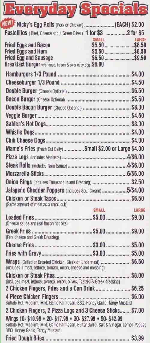 Page 2 of menu, Marino's Subs Niagara Falls, NY