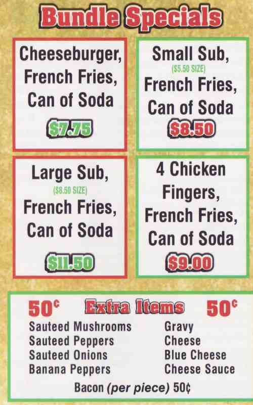 Page 5 of menu, Marino's Subs Niagara Falls, NY