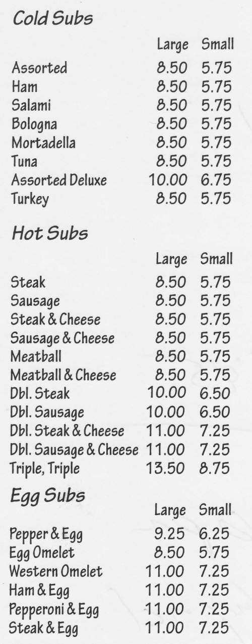 Page 1 of menu, Viola's Submarine House in Niagara Falls, NY