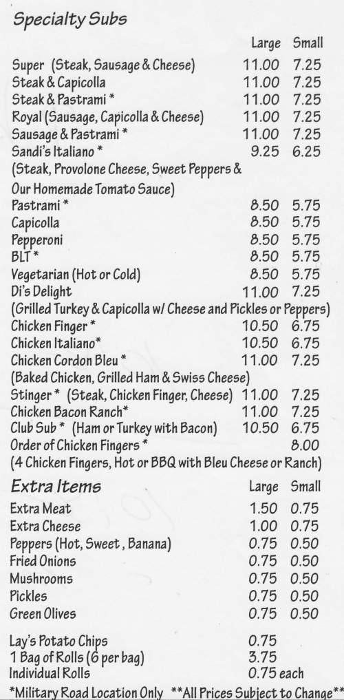 Page 2 of menu, Viola's Submarine House in Niagara Falls, NY